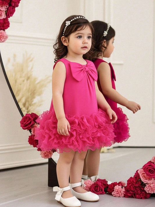 Dress Ruffle Mesh Tanpa Lengan Aksen Pita Bayi Perempuan
