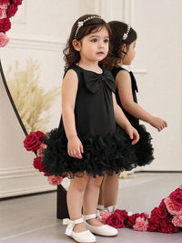 Dress Ruffle Mesh Tanpa Lengan Aksen Pita Bayi Perempuan