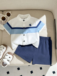 SHEIN 2pcs Baby Boy Summer Blue White Stripe Short Sleeve Cardigan Top And Solid Elastic Waist Shorts Set,Casual Family Matching School Style For Outing