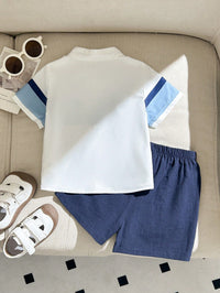 SHEIN 2pcs Baby Boy Summer Blue White Stripe Short Sleeve Cardigan Top And Solid Elastic Waist Shorts Set,Casual Family Matching School Style For Outing