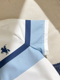SHEIN 2pcs Baby Boy Summer Blue White Stripe Short Sleeve Cardigan Top And Solid Elastic Waist Shorts Set,Casual Family Matching School Style For Outing