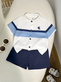 SHEIN 2pcs Baby Boy Summer Blue White Stripe Short Sleeve Cardigan Top And Solid Elastic Waist Shorts Set,Casual Family Matching School Style For Outing