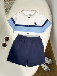 SHEIN 2pcs Baby Boy Summer Blue White Stripe Short Sleeve Cardigan Top And Solid Elastic Waist Shorts Set,Casual Family Matching School Style For Outing