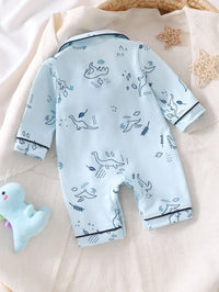 Set Piyama Lengan Panjang Motif Dinosaurus Kerah Bulat Bayi