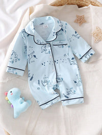 Set Piyama Lengan Panjang Motif Dinosaurus Kerah Bulat Bayi