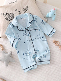 Set Piyama Lengan Panjang Motif Dinosaurus Kerah Bulat Bayi