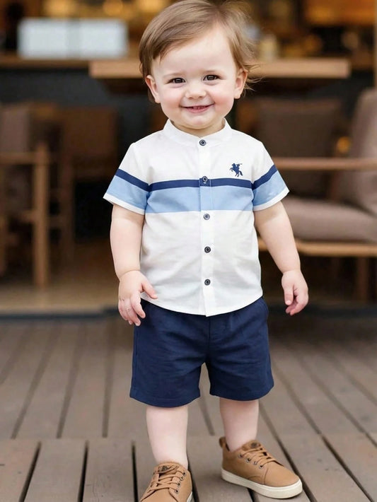 SHEIN 2pcs Baby Boy Summer Blue White Stripe Short Sleeve Cardigan Top And Solid Elastic Waist Shorts Set,Casual Family Matching School Style For Outing