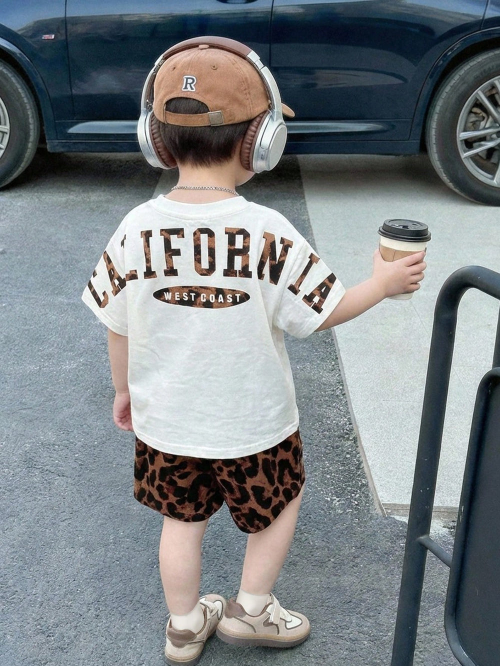 SHEIN 2pcs/Set Unisex Baby Leopard Print Black Short Sleeve T-Shirt Knit Top And Shorts Set,Spring/Summer Boy Clothes,Outfits,
