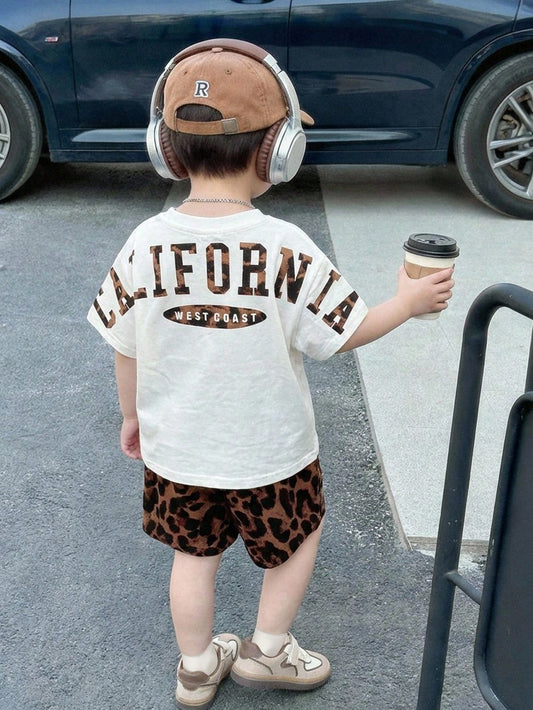 SHEIN 2pcs/Set Unisex Baby Leopard Print Black Short Sleeve T-Shirt Knit Top And Shorts Set,Spring/Summer Boy Clothes,Outfits,