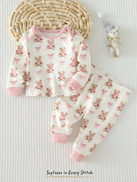 Set Piyama Lengan Panjang Motif Kartun Kerah Bulat Bayi 2 Pcs