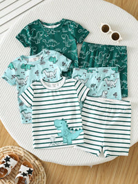 Set Piyama Lengan Pendek Motif Kartun Dinosaurus Kerah Bulat Bayi 6 Pcs