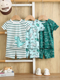 Set Piyama Lengan Pendek Motif Kartun Dinosaurus Kerah Bulat Bayi 6 Pcs