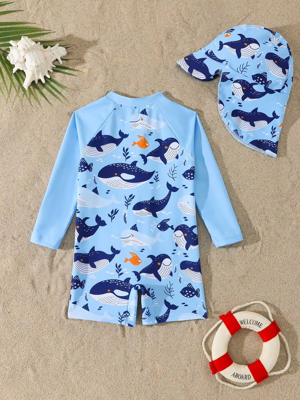 Baju Renang Jumpsuit Lengan Panjang Motif Paus dan Topi Bayi Laki-Laki