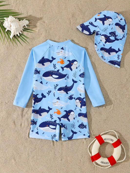 Baju Renang Jumpsuit Lengan Panjang Motif Paus dan Topi Bayi Laki-Laki