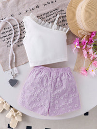 Set Kaos Bunga Bahu Miring Rok Bayi Perempuan 2 Pcs