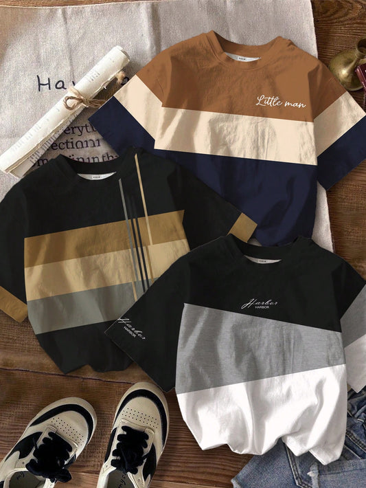SHEIN 3pcs/Set Baby Boy Casual Minimalist Tops, Classic Color Block Patchwork Printed Short Sleeve Round Neck T-Shirts, Suitable For Summer