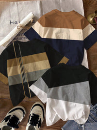 SHEIN 3pcs/Set Baby Boy Casual Minimalist Tops, Classic Color Block Patchwork Printed Short Sleeve Round Neck T-Shirts, Suitable For Summer