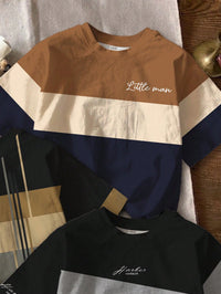 SHEIN 3pcs/Set Baby Boy Casual Minimalist Tops, Classic Color Block Patchwork Printed Short Sleeve Round Neck T-Shirts, Suitable For Summer