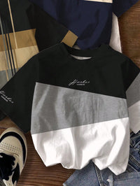 SHEIN 3pcs/Set Baby Boy Casual Minimalist Tops, Classic Color Block Patchwork Printed Short Sleeve Round Neck T-Shirts, Suitable For Summer