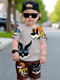 Set Kaos Lengan Pendek Motif Hewan Kartun dan Celana Pendek Bayi Laki-Laki 2 Pcs