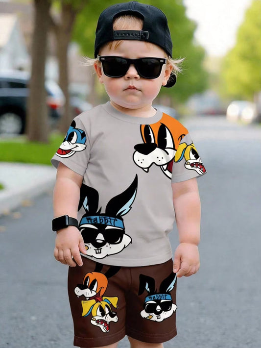 Set Kaos Lengan Pendek Motif Hewan Kartun dan Celana Pendek Bayi Laki-Laki 2 Pcs