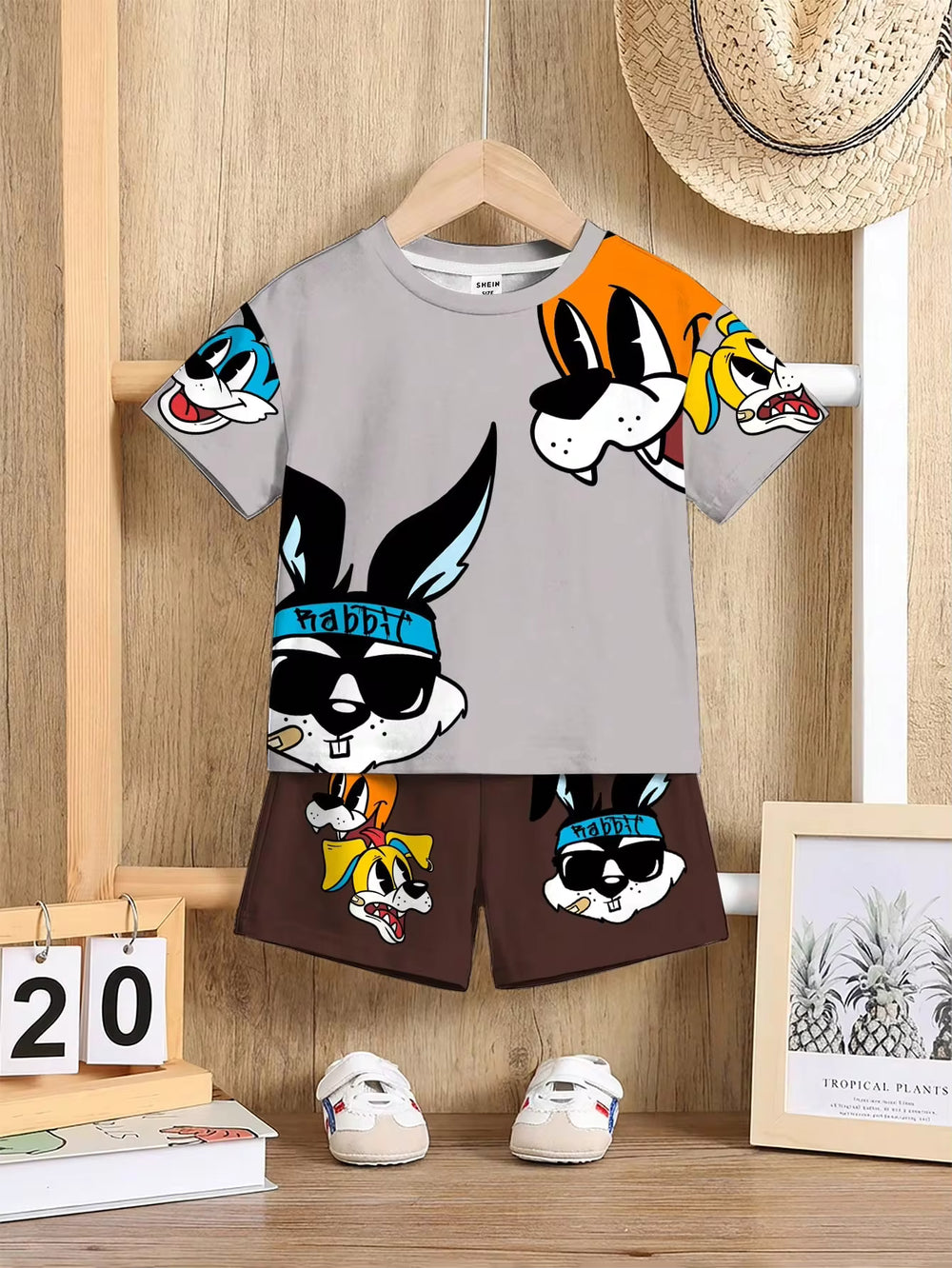 Set Kaos Lengan Pendek Motif Hewan Kartun dan Celana Pendek Bayi Laki-Laki 2 Pcs
