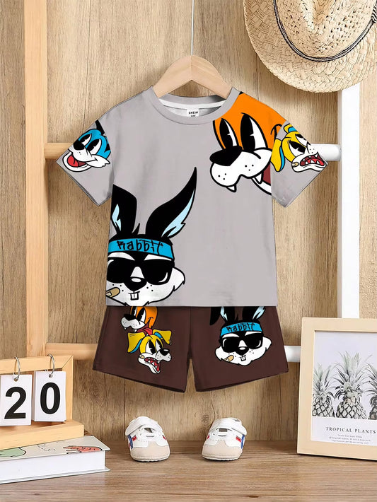 Set Kaos Lengan Pendek Motif Hewan Kartun dan Celana Pendek Bayi Laki-Laki 2 Pcs