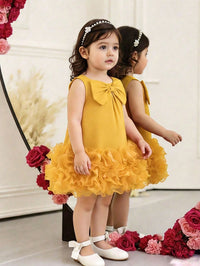 Dress Ruffle Mesh Tanpa Lengan Aksen Pita Bayi Perempuan