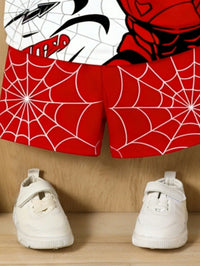 2pcs Baby Boy Red Summer Cute Cartoon Pattern Short Sleeve T-Shirt And Shorts Set,Toddler Boy Beach Outfit,Infant & Toddler Apparel For Daily Wear
