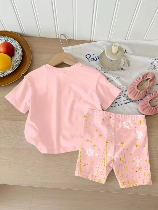 Set Kaos Lengan Pendek Motif Kepingan Salju dan Celana Pendek Bayi Perempuan