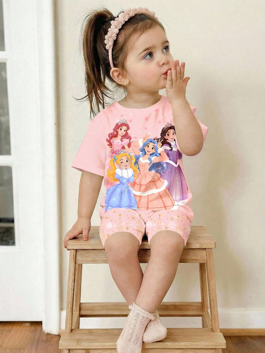 SHEIN Baby Girls Light Pink Summer Cute Graphic Family Matching Princess,Glitter Snowflake Print Round Neck Short Sleeve T-Shirt And Shorts Set,Soft Outfits