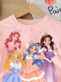 SHEIN Baby Girls Light Pink Summer Cute Graphic Family Matching Princess,Glitter Snowflake Print Round Neck Short Sleeve T-Shirt And Shorts Set,Soft Outfits