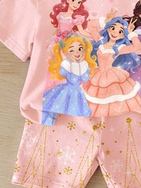 SHEIN Baby Girls Light Pink Summer Cute Graphic Family Matching Princess,Glitter Snowflake Print Round Neck Short Sleeve T-Shirt And Shorts Set,Soft Outfits
