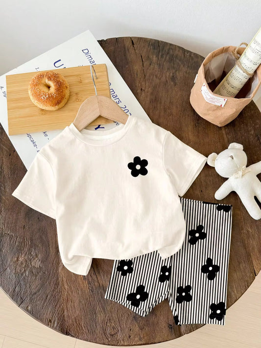 Set Kaos Lengan Pendek Motif Bunga Garis Retro dan Celana Pendek Bayi Perempuan