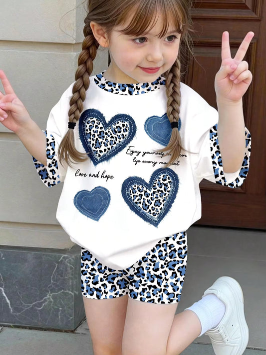 Set Pakaian Santai Motif Leopard Hati Retro Bayi Perempuan 2 Pcs