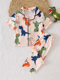 Set Piyama Lengan Pendek Motif Dinosaurus dan Celana Panjang Bayi Laki-Laki 2 Pcs