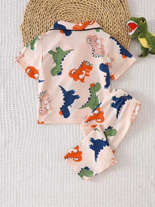Set Piyama Lengan Pendek Motif Dinosaurus dan Celana Panjang Bayi Laki-Laki 2 Pcs