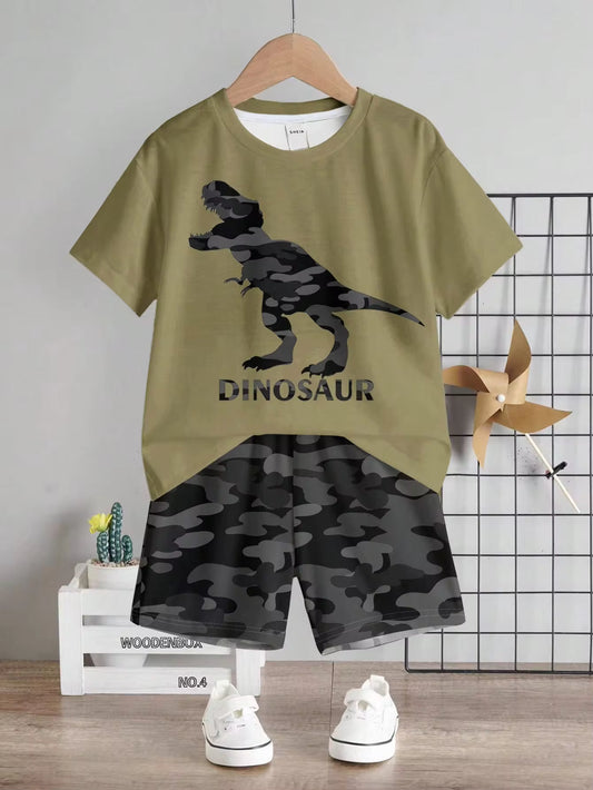 Set Kaos Lengan Pendek Motif Dinosaurus dan Celana Pendek Bayi Laki-Laki 2 Pcs