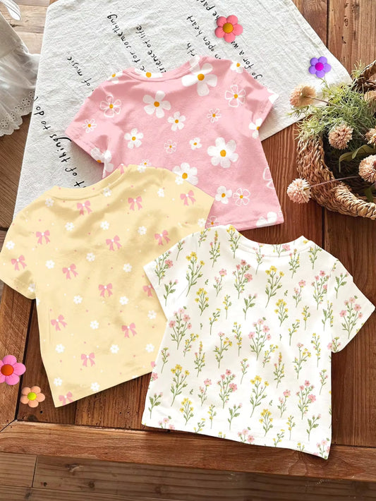 Set Kaos Leher Bulat Lengan Pendek Motif Bayi Perempuan 3 Pcs