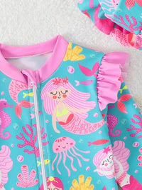 Baby Girl Cartoon Mermaid Print Patchwork Ruffle Trim One-Piece Swimsuit