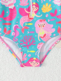 Baby Girl Cartoon Mermaid Print Patchwork Ruffle Trim One-Piece Swimsuit