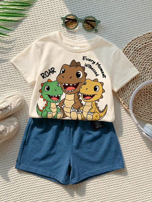 Baby Boy Summer Casual Cute Carrer Day Cartoon Dinosaur Graphic T-Shirt, Soft Short Sleeve Round Neck Top, Graffiti Playful Kids