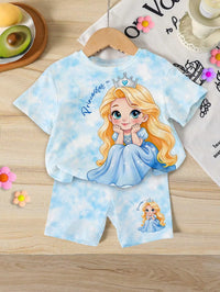 Set Kaos Lengan Pendek Motif Kartun dan Celana Pendek Bayi Perempuan 2 Pcs