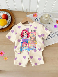 Set Kaos Lengan Pendek dan Celana Pendek Motif Kartun 2 Pcs