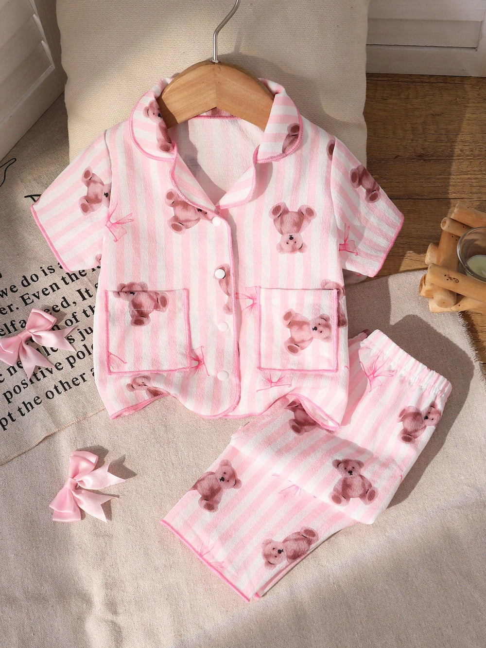 Set Kaos Kerah Garis Beruang dan Celana Bayi Perempuan 2 Pcs