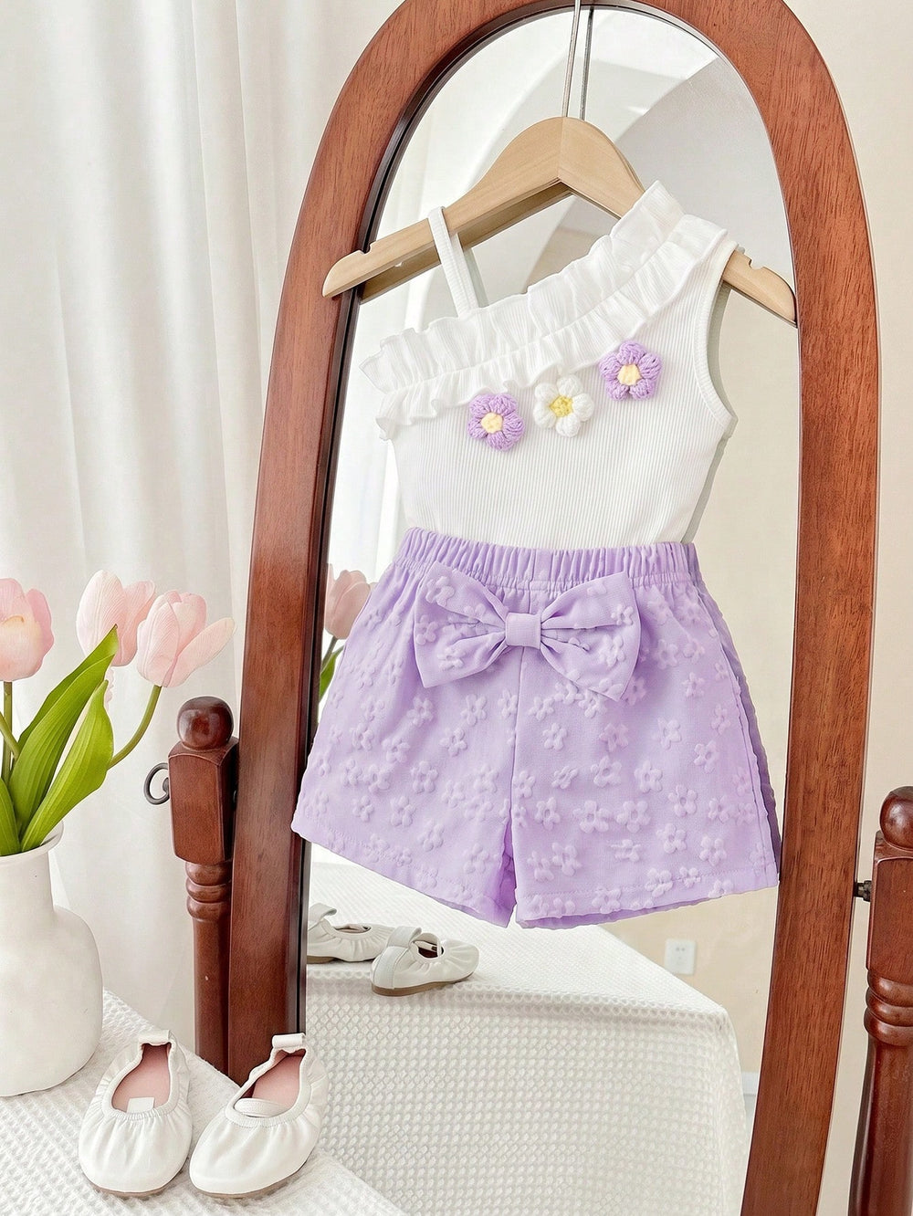 Set Kaos Bunga Bahu Miring Rok Bayi Perempuan 2 Pcs