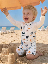 SHEIN Baby Boys Swimwear,Long-Sleeved One-Piece Swimsuit With Zipper,Digital Stripe Print,Rainbow Summer Cute Vacation Holiday Beach Fashion For Infants