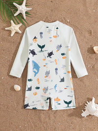 Baju Renang One-Piece Lengan Panjang Motif Garis Pelangi Bayi Laki-Laki 1 Pcs