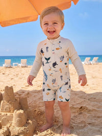 SHEIN Baby Boys Swimwear,Long-Sleeved One-Piece Swimsuit With Zipper,Digital Stripe Print,Rainbow Summer Cute Vacation Holiday Beach Fashion For Infants