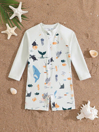 SHEIN Baby Boys Swimwear,Long-Sleeved One-Piece Swimsuit With Zipper,Digital Stripe Print,Rainbow Summer Cute Vacation Holiday Beach Fashion For Infants